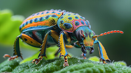 Naklejka premium A close-up photograph showcasing a colorful jewel beetle with iridescent blue, green, yellow, and orange hues, walking across a lush green leaf
