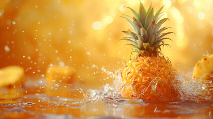 A ripe pineapple with its green leaves intact, splashes into a pool of golden water, creating a wave of droplets. The background is a bright, blurred yellow, suggesting a sunny day
