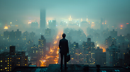 A lone figure stands on a rooftop overlooking a city bathed in the soft glow of streetlights and shrouded in a mysterious fog