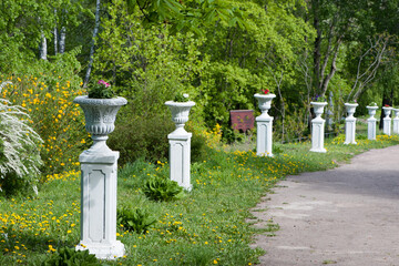 alley in the city park. urns with flowers in the spring park. Stone pot with plants in a country garden. beautiful flower Petunia blooming flowerpot