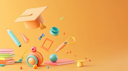 concept of obtaining higher education. stack of books and graduate cap on a blue background. 3d render. illustration. AI generated illustration