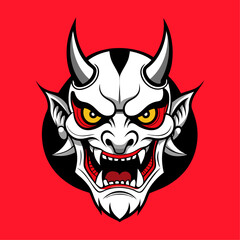 A traditional Japanese demon Hannya mask with sharp teeth, horns, and red eyes and white horns. The mask is white and black with a red mouth, and it is set against a red background. 