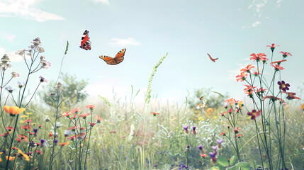 Meadow grasses and flying butterflies. A blooming summer or spring field