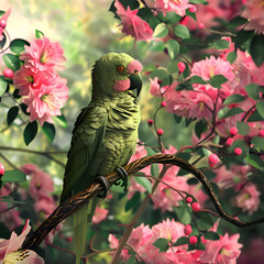 Realistic Green Parrot On Branch Detailed 2d Game Art Commission,
beautiful flowers Birds Illustration
