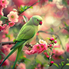 Closeup of the echo parakeet perched on the blooming branch.,
Closeup of an American Goldfinch perched on flowers
