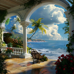 Landscape with Blue Sea and Beautiful Architecture,
 Oriental Interiors Abstract 