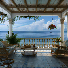 A Terrace with View of the Sea ,
 umbrellas around outdoor swimming pool
