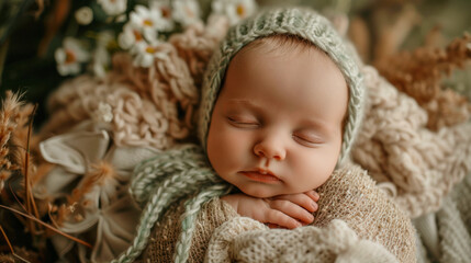 cute newborn caucasian baby in woolen clothes