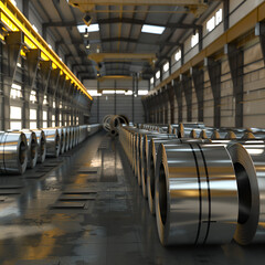 Rolls of metal sheet Zinc aluminium or steel sheet rolls on warehouse,
White walls and a concrete floor can be found in an empty loft
