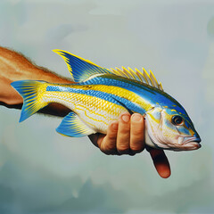 Tropical fishes of blue and yellow color,
Isolated Side View of a Sea Fish

