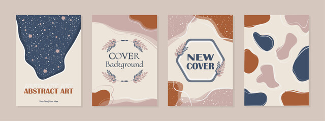 Set of abstract art cards in pastel colors with simple shapes and lines.  Modern leafy abstract background. Mock up art design with blue, beige, pink and brown colors.