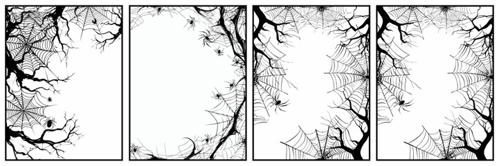 Obraz premium Halloween spiderweb border frame silhouettes poster set. Delicate black threads entangle. Spooky and creepy aesthetic vector cards or invitation templates