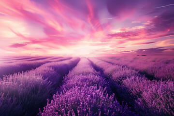 Endless rows of blooming lavender fields beneath a soft pink and purple sunset