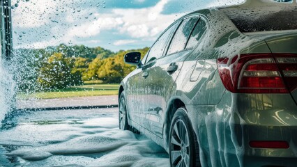 Vivid Photograph of a Gleaming Car Being Cleaned with Suds and Water Spray