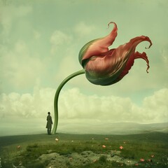 Giant tulip, Surreal landscape, Man and flower, Dreamlike scenery, Enormous flower, Red and white tulip, Nature and humanity, Artistic fantasy, Vast sky, Whimsical art, Solitary figure.