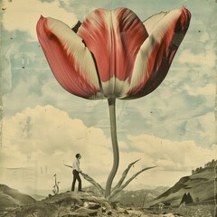 Giant tulip, Surreal landscape, Man and flower, Dreamlike scenery, Enormous flower, Red and white tulip, Nature and humanity, Artistic fantasy, Vast sky, Whimsical art, Solitary figure.