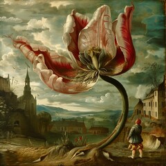 Giant tulip, Surreal landscape, Man and flower, Dreamlike scenery, Enormous flower, Red and white tulip, Nature and humanity, Artistic fantasy, Vast sky, Whimsical art, Solitary figure.