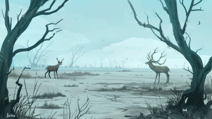 In a vast, barren landscape with leafless trees, two stags stand distantly apart, creating a sense of solitude and desolation under a pale, overcast sky.
