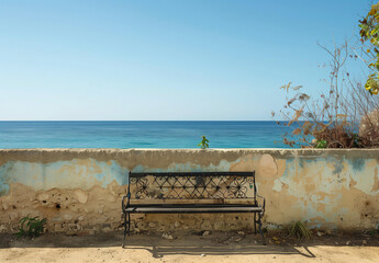 Obraz premium bench in front of a wall and a view to the beautiful Mediterranean sea