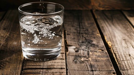 Water glass on wooden table with selective focus, elegant lighting effects, and ample copy space