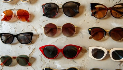 Top view of stylish sunglasses collection on light background for fashion enthusiasts