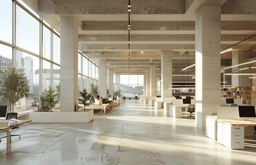 Modern Office Interior With Exposed Beams and City View