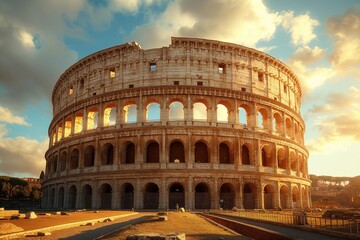 Fototapeta premium A mesmerizing look at the historic Roman Colosseum in Rome, bathed in the warm golden hour light, capturing the historic essence and architectural brilliance.