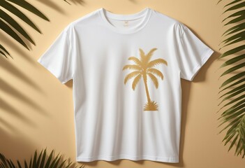 A white shirt featuring a printed design of a palm tree.
