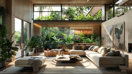 Fototapeta premium modern living room with plants, Modern Green Spaces: Inspiring Living Rooms with Abundant Indoor Plants and Natural Light