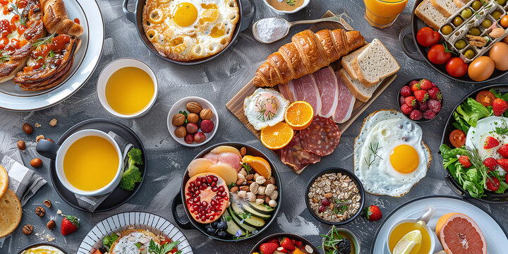 breakfast buffet, full english and continental, large selection of brunch and breakfast table top with egg toast, bacon, orange juice, croissant, coffee, fruit and nuts
