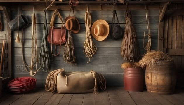A western-themed rustic setup featuring ropes, cowboy hats, and accessories neatly hung on a wooden wall with barrels and sacks placed on the wooden floor.