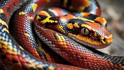 Fototapeta premium Close-up shot of a colorful snake with vibrant patterns of orange, yellow, black, and blue scales, highlighting its intricate texture and striking red eyes
