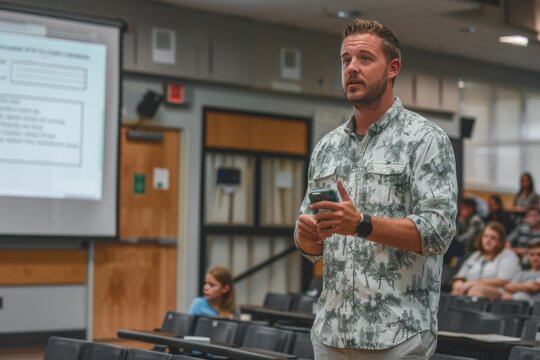 Man Presenting With Smartphone in University Classroom