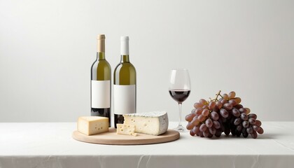 Naklejka premium wine and cheese with grape at restaurant, bright background.