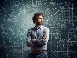 A thoughtful mathematician standing in front of a chalkboard filled with complex mathematical equations and diagrams.