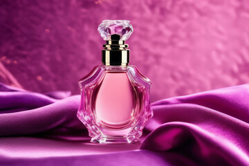 A Luxury Perfume Bottle Against A Dark Background With Flowing Cloth. The Faceted Design Reflects Tones, Creating An Elegant And Sophisticated Appearance.