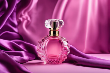 A Luxury Perfume Bottle Against A Dark Background With Flowing Cloth. The Faceted Design Reflects Tones, Creating An Elegant And Sophisticated Appearance.