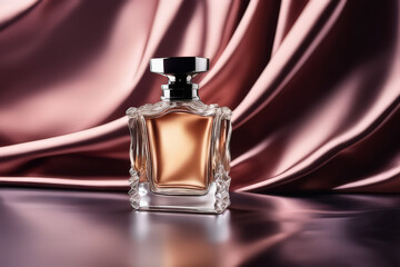 A Luxury Perfume Bottle Against A Dark Background With Flowing Cloth. The Faceted Design Reflects Tones, Creating An Elegant And Sophisticated Appearance.