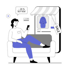 Shopping online. Woman shopping online in mobile app. Ecommerce and retail concept. Vector illustration with line people for web design.