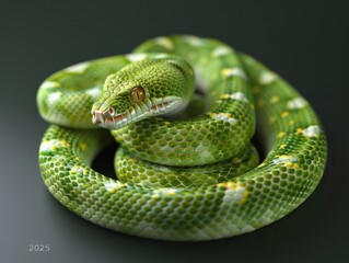 Fototapeta premium Close-up of a green coiled snake with striking patterns