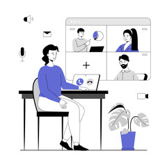Video conference, Online meeting, Remote teamwork, Conversation. People communicate online.  Vector illustration with line people for web design.