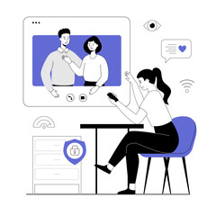 Virtual event. Online conference, friends meeting, video call. Communication through the Internet. Vector illustration with line people for web design.