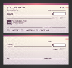 Blank bank check. Checkbook cheque template. Checkbook cheque template with purple theme. Money payment voucher or pay cash cheque certificate.