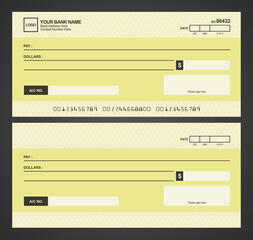 Blank bank check. Checkbook cheque template. Checkbook cheque template with yellow theme. Money payment voucher or pay cash cheque certificate.