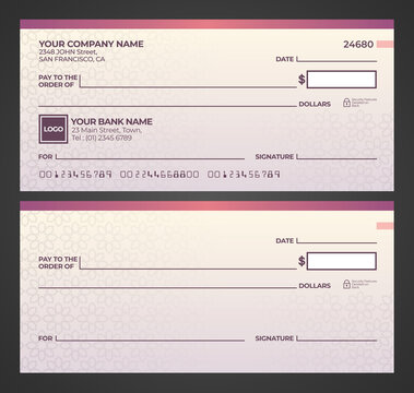 Blank bank check. Checkbook cheque template. Checkbook cheque template with purple theme. Money payment voucher or pay cash cheque certificate.