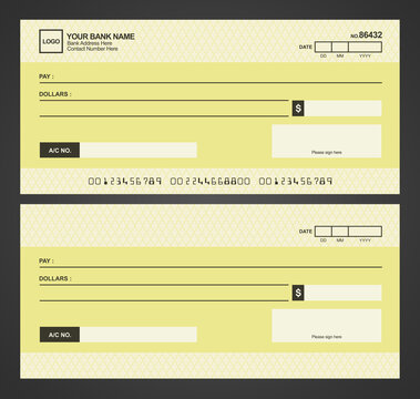 Blank bank check. Checkbook cheque template. Checkbook cheque template with yellow theme. Money payment voucher or pay cash cheque certificate.