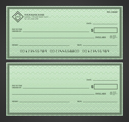 Blank bank check. Checkbook cheque template. Checkbook cheque template with green theme. Money payment voucher or pay cash cheque certificate.