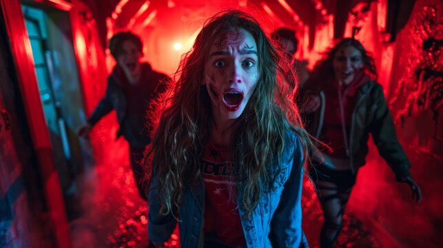 A group of friends run in horror through the corridor through the Haunted House attraction with horror and reacting to the unexpected.