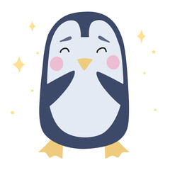 Cute penguin with positive emotion. Vector character in flat hand drawn style