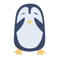 Hiding penguin with closed eyes. Cut vector character in flat hand drawn style